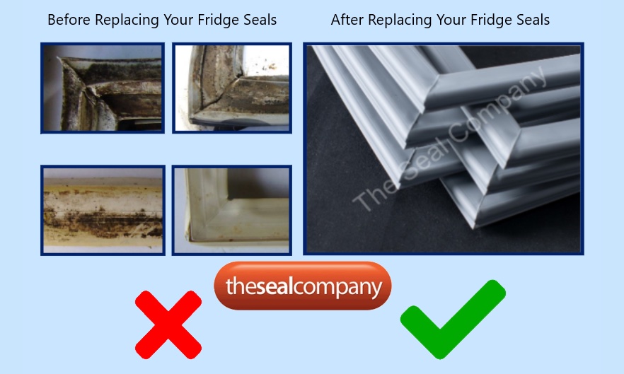 A comparison image showing dirty, mouldy fridge seals labelled Before Replacing Your Fridge Seals on the left, and clean, new grey seals labelled After Replacing Your Fridge Seals on the right. A red X and a green tick with thesealcompany are at the bottom.