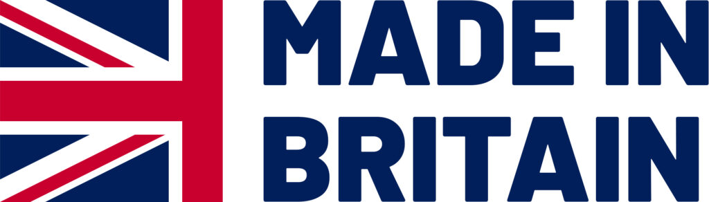 A stylised Union Jack flag is on the left, with large bold navy text on the right reading “MADE IN BRITAIN” in all capital letters. The design uses navy blue, red, and white colours.