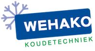 A blue rectangle with WEHAKO in white bold letters is tilted over the word KOUDETECHNIEK in green. Behind the rectangle, a large light blue snowflake is visible. The design suggests cold or refrigeration technology.