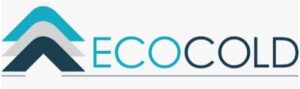 Logo with three stacked chevron shapes in blue, light blue, and grey on the left. To the right is the word ECOCOLD in uppercase letters, with ECO in light blue and COLD in dark blue, all on a white background.
