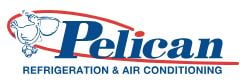 Logo for Pelican Refrigeration & Air Conditioning. On the left is a simple line drawing of a pelican. To the right, Pelican is written in large blue letters with a red swoosh above “Refrigeration & Air Conditioning” in smaller blue text below.