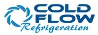 Logo with a blue swirling circular design on the left, next to the bold words COLD FLOW in uppercase blue letters, and the word Refrigeration in blue script font below.