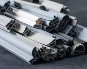 A close-up of stacked grey and black rubber or plastic weatherstrips, showing various intricate cross-sectional profiles, placed on a dark surface. Each strip has different shapes and grooves, suggesting they are designed for sealing windows or doors.