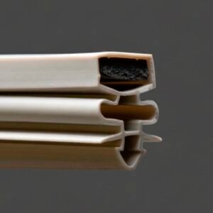 Close-up of a beige rubber weatherstripping seal with a hollow centre and black foam insert, designed for doors or windows. The seal features multiple grooves and channels, highlighting its flexible and layered construction against a grey background.