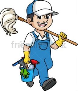 2020 spring clean 1 A smiling cartoon man in blue overalls and a white cap walks holding a mop over his shoulder. He wears yellow gloves and carries a blue bucket filled with cleaning supplies, including spray bottles and a green glove.