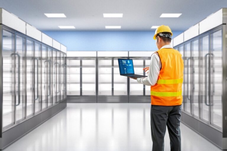 A man in a yellow hard hat and orange safety vest stands in a brightly lit, empty supermarket aisle with glass-door fridges, holding and working on an open laptop, possibly inspecting or managing stock or equipment.