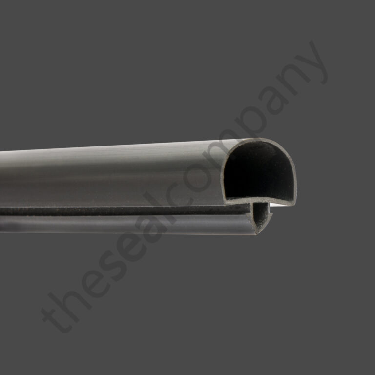 Close-up of the H&K International T03182 / 812419 Drawer Gasket Seal, a dark rubber seal with a rounded top and grooved base, shown against a plain grey background. Its cross-section reveals a hollow, flexible design with "thesealcompany" overlaid faintly.