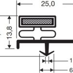 Technical diagram of the H&K International E90265 Door Gasket Seal, a T-shaped rubber profile: top width 25.0 mm, height 16.4 mm, middle 13.8 mm wide, and bottom groove 6 mm wide with walls 1.2 mm thick.