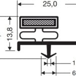 Technical drawing of the H&K International T03186 Door Gasket Seal cross-section: black, T-shaped with a mesh-patterned rectangle on top. Dimensions—height 16.4 mm, internal height 13.8 mm, width 25 mm, base thickness 1.2 mm, slot 6 mm.