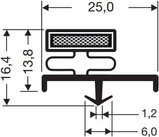 Technical drawing of the H&K International T03186 Door Gasket Seal cross-section: black, T-shaped with a mesh-patterned rectangle on top. Dimensions—height 16.4 mm, internal height 13.8 mm, width 25 mm, base thickness 1.2 mm, slot 6 mm.