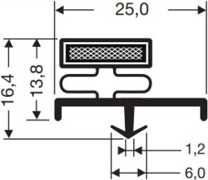 Technical drawing of the H&K International E90264 Door Gasket Seal in black: height 16.4 mm, width 25.0 mm; lower tab 6.0 mm wide, 1.2 mm thick; upper textured rectangle measures 13.8 mm in height.