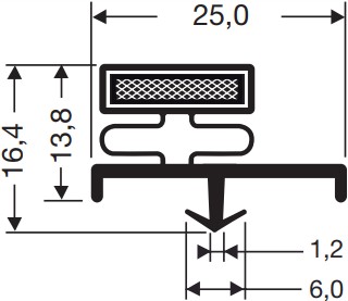 Black technical drawing of the H&K International E90272 Door Gasket Seal, T-shaped: 25.0 mm wide, 16.4 mm high; top textured section is 13.8 mm tall; lower section 6.0 mm wide; base has vertical thickness of 1.2 mm.