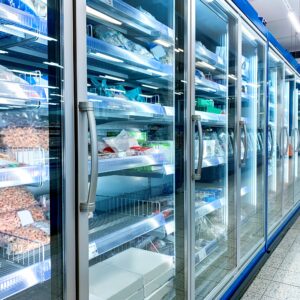 Grocery store refrigerator with various food