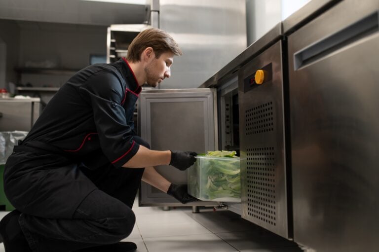 Male cook places large container of romaine lettuce placed into refrigerator