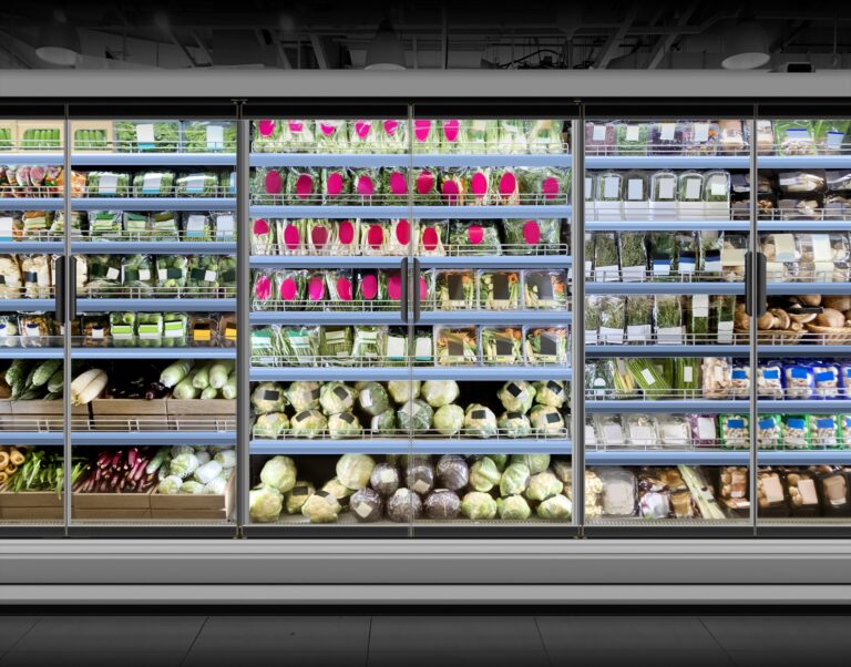 Refrigerator glass door with vegetables. Suitable for presenting new vegetables and packaging design and labels among many others. This Mockup, illustration is useful for Graphic designers and architects.